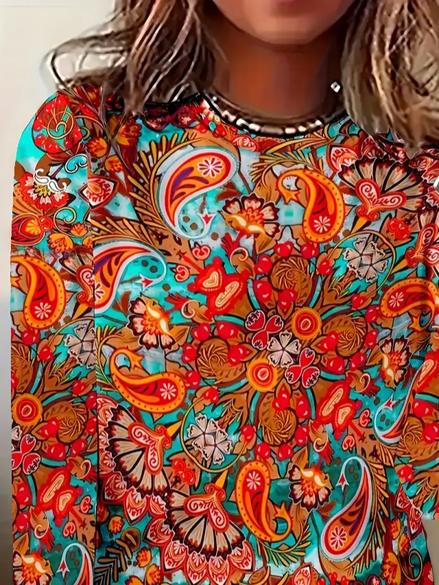 Women's Long Sleeve T-shirt Spring/Fall Orange Floral Printing Jersey Crew Neck Daily Going Out Casual Top