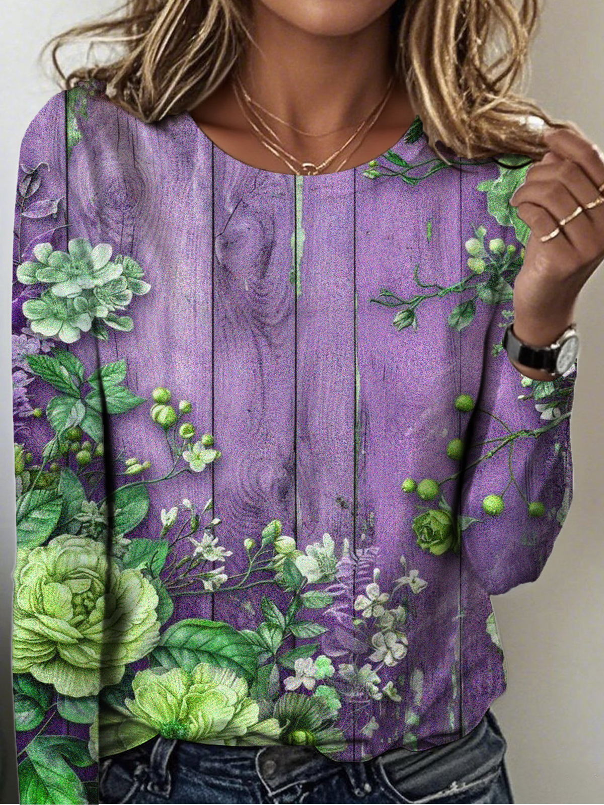Women's Retro Floral Pattern Round Neck Long Sleeve T-Shirt Regular Top
