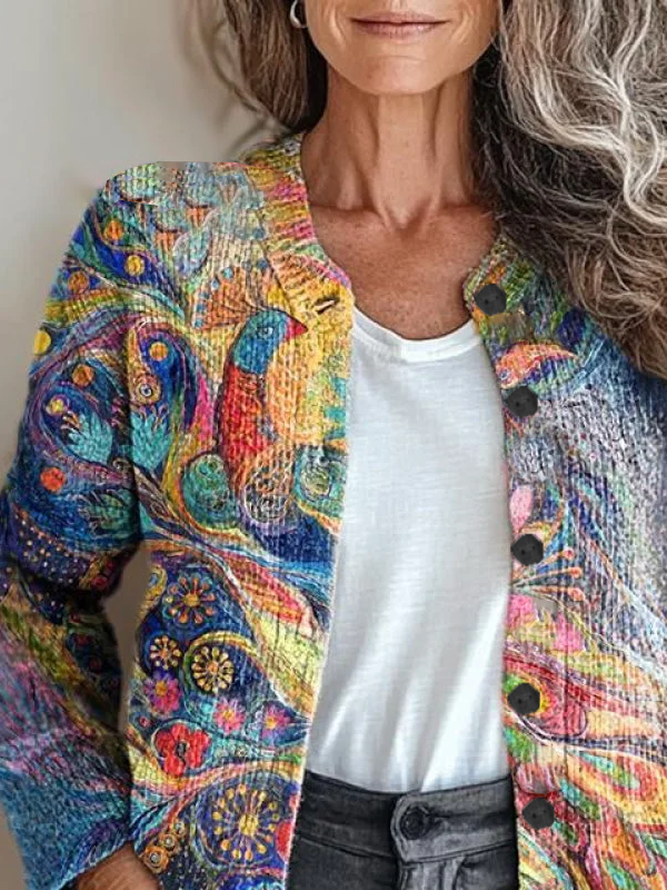 Crew Neck Abstract Casual Cardigan