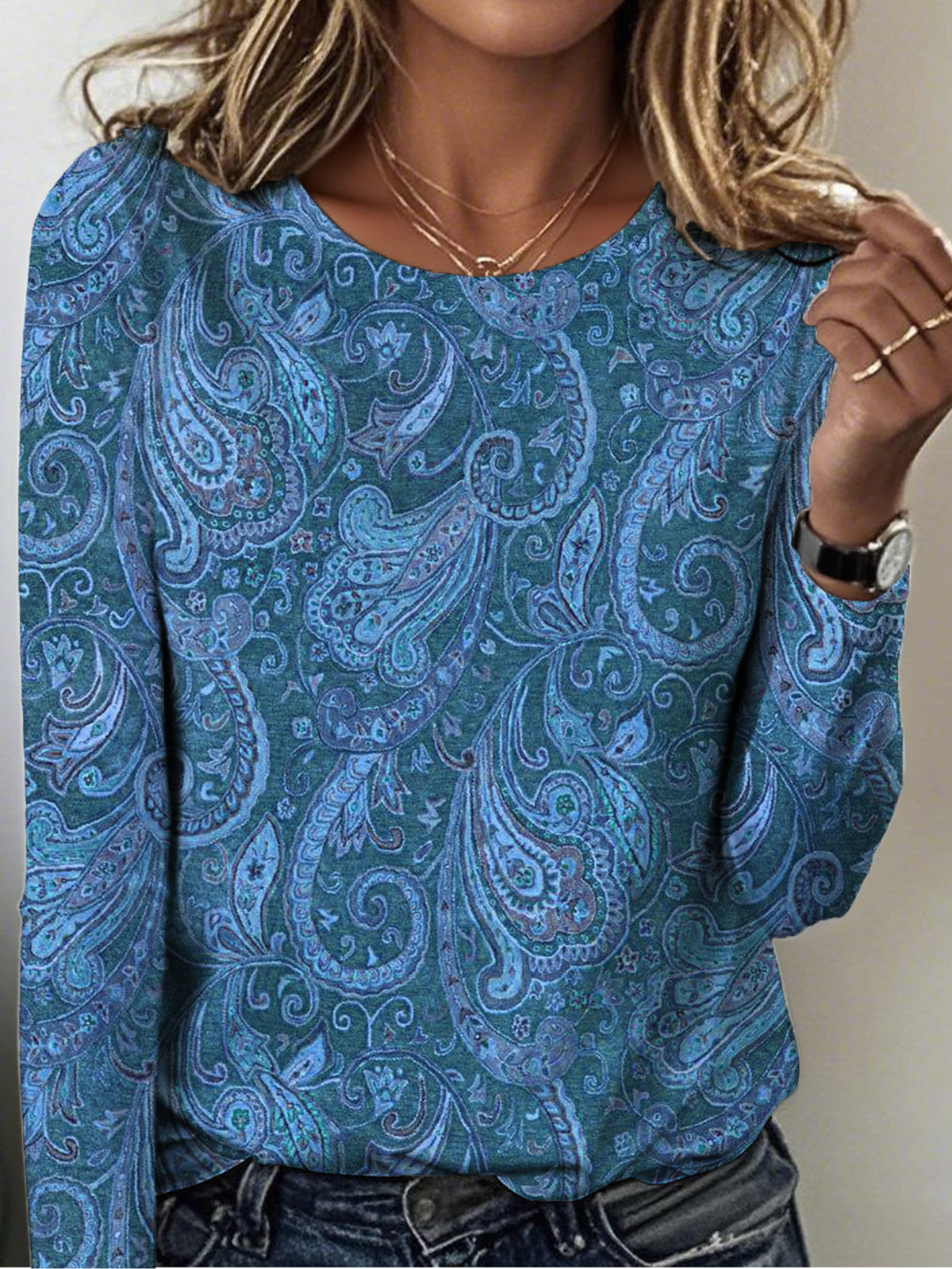 Women's Vintage Paisley Pattern Crew Neck Long Sleeve T-Shirt Regular Top