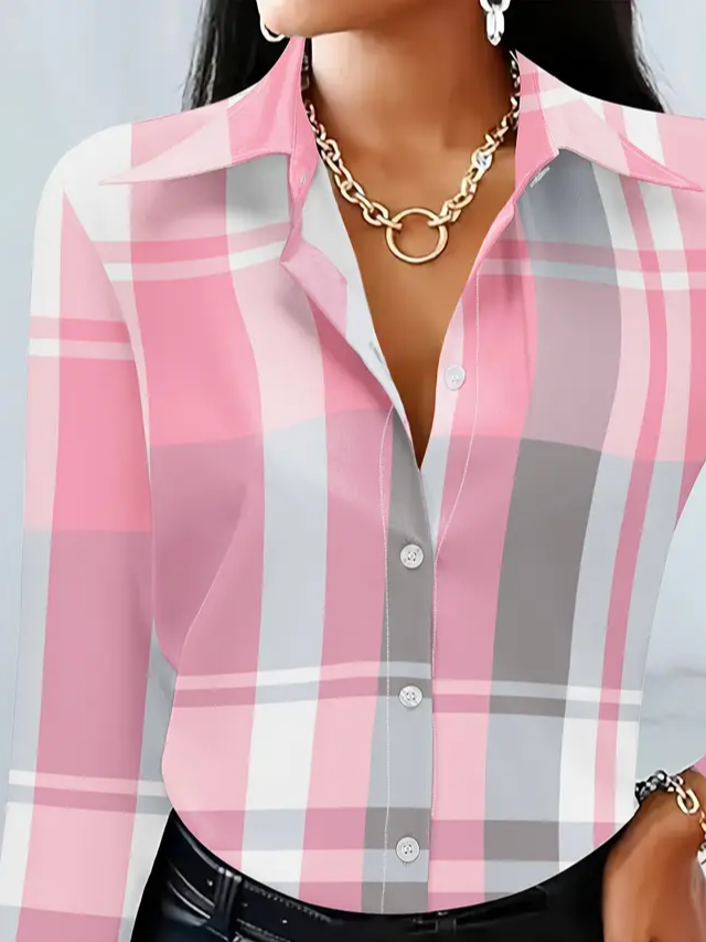 Women's Long Sleeve Shirt Spring/Fall Pink Plaid Buckle Shirt Collar Regular Sleeve Daily Going Out Casual Top