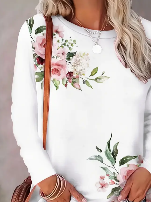 Women's Long Sleeve T-shirt Spring/Fall White Floral Printing Jersey Crew Neck Daily Going Out Casual Top