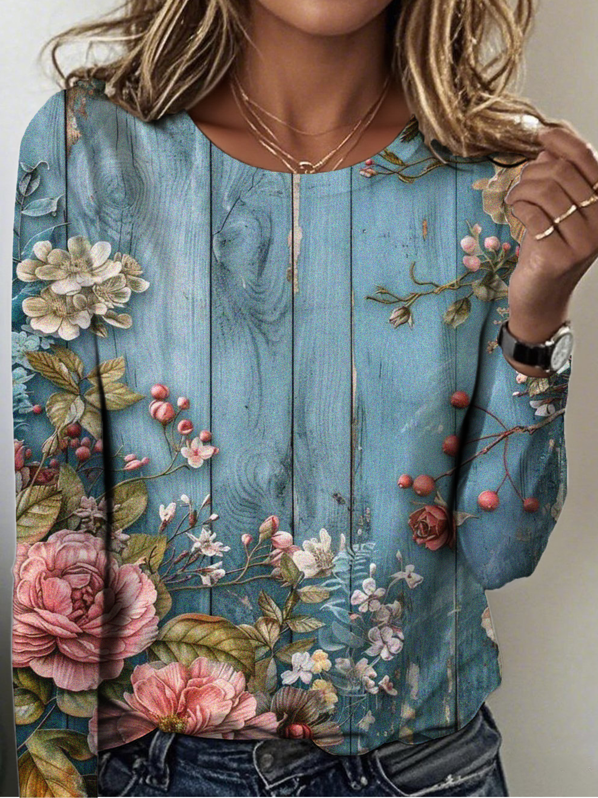Women's Retro Floral Pattern Round Neck Long Sleeve T-Shirt Regular Top