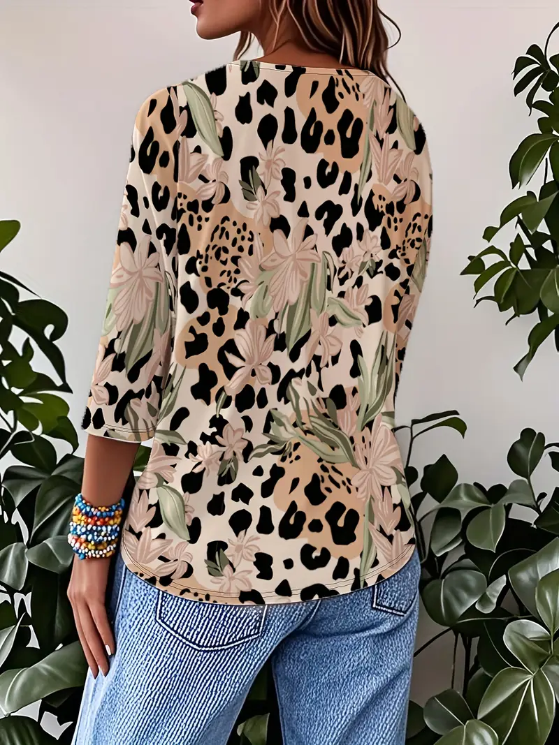 Women's Three Quarter Sleeve T-shirt Spring/Fall Khaki Leopard Crew Neck Daily Going Out Casual Top