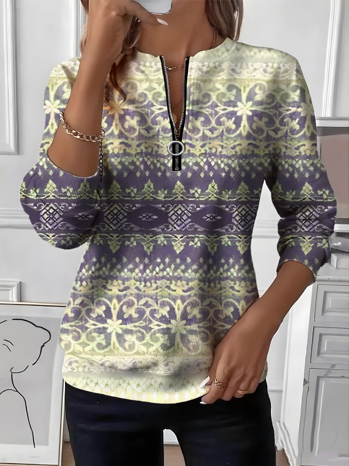 Women's Geometric Gradient Pattern Long Sleeve Front Center Zipper Casual Sweatshirt Regular Top
