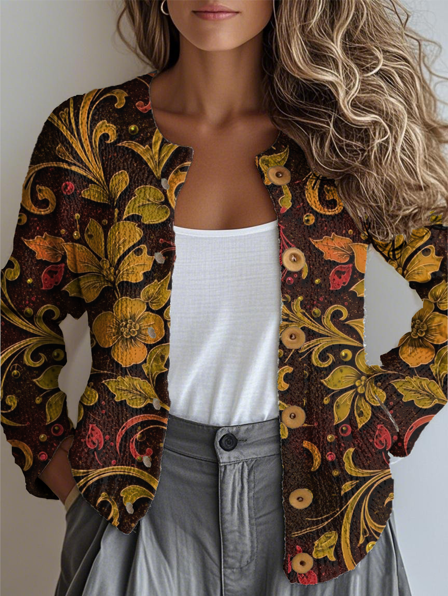 Women's Floral Pattern Casual Long Sleeve Cardigan Regular Autumn and Winter Top
