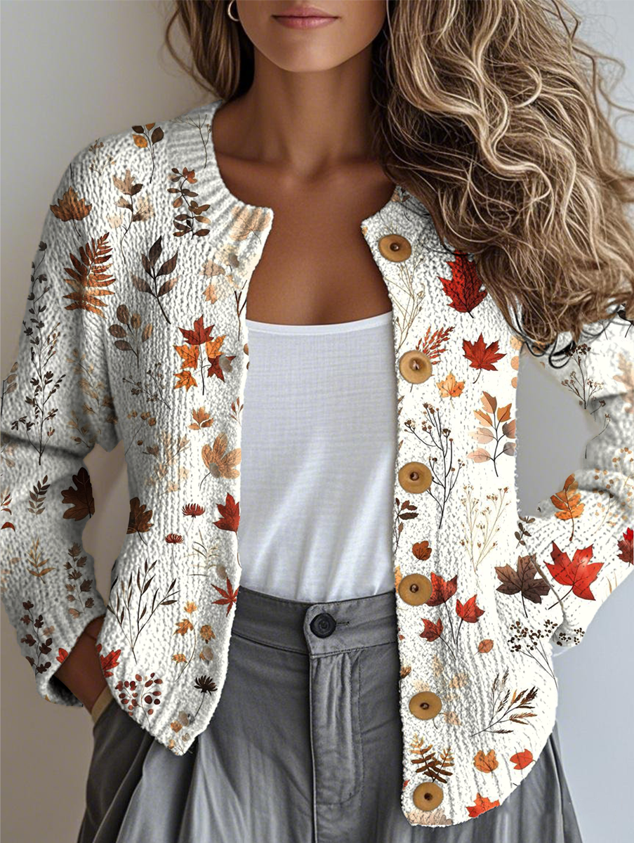 Women's Retro Maple Leaf Pattern Casual Loose Long Sleeve Cardigan Regular Autumn and Winter Top