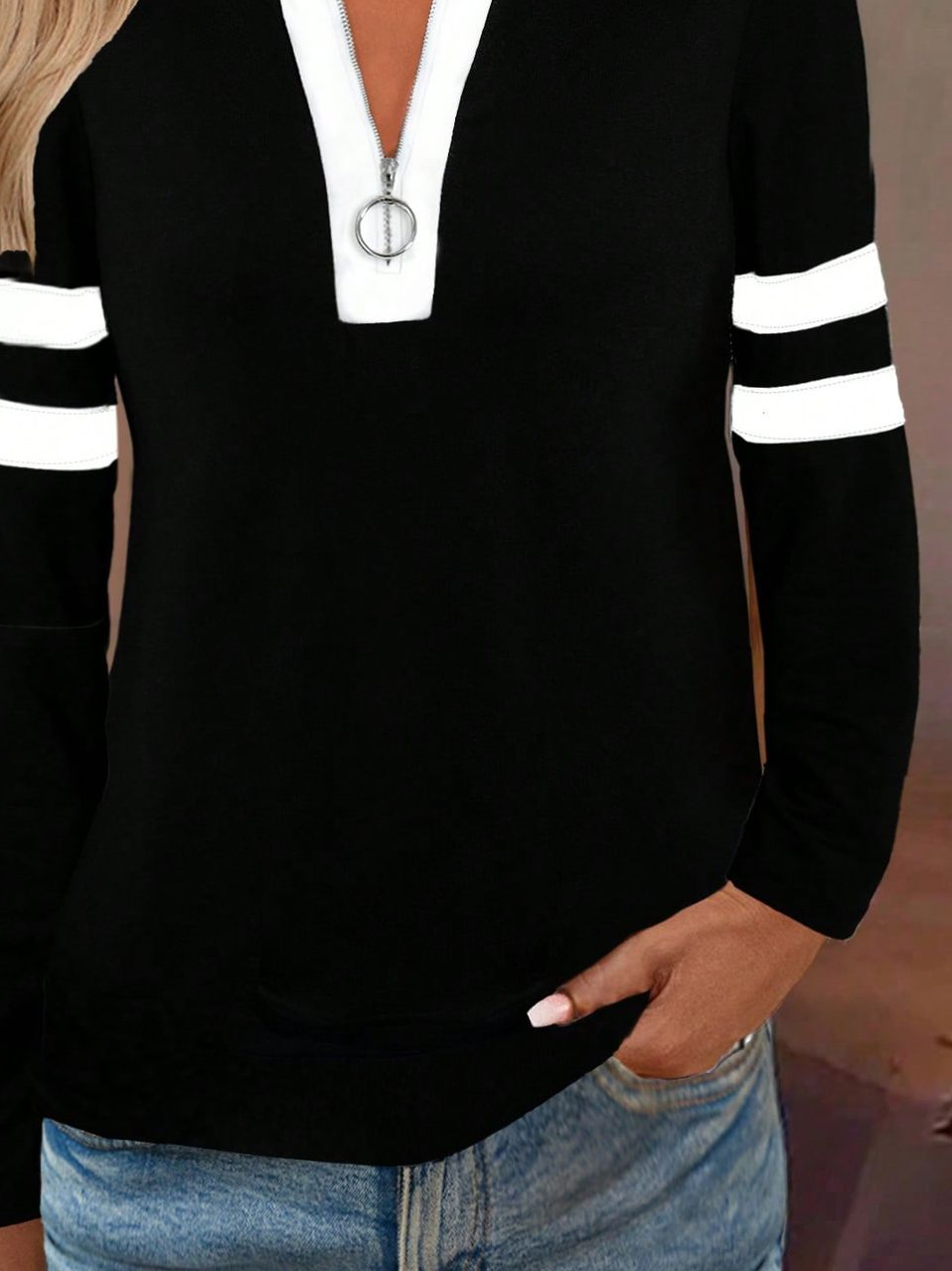 Women's Striped Print Casual Zipper Neck Long Sleeve Sweatshirt