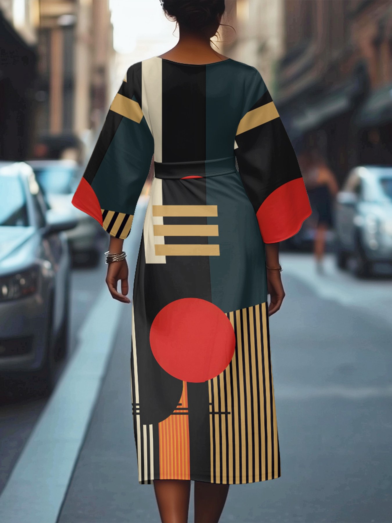 Geometric Street Crew Neck Regular Fit Dolman Sleeve Dress With Belt