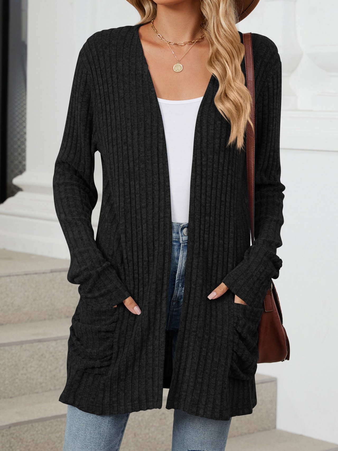 Cotton-Blend Loose Simple New Autumn And Winter Solid Color Casual Pocket Long-sleeved Warm Knitted Cardigan