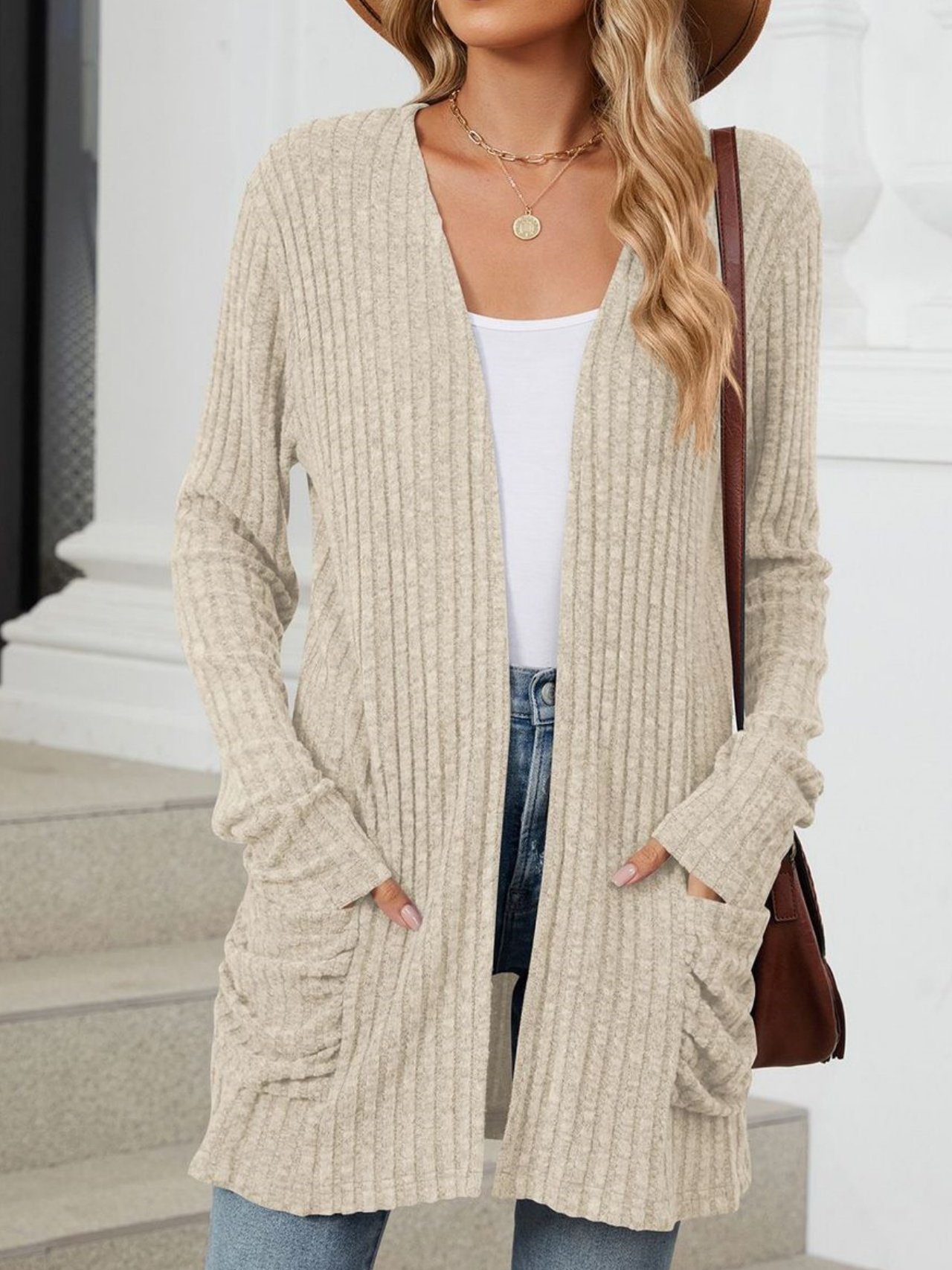 Cotton-Blend Loose Simple New Autumn And Winter Solid Color Casual Pocket Long-sleeved Warm Knitted Cardigan