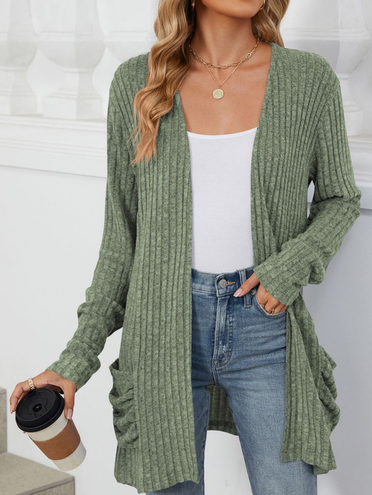 Cotton-Blend Loose Simple New Autumn And Winter Solid Color Casual Pocket Long-sleeved Warm Knitted Cardigan