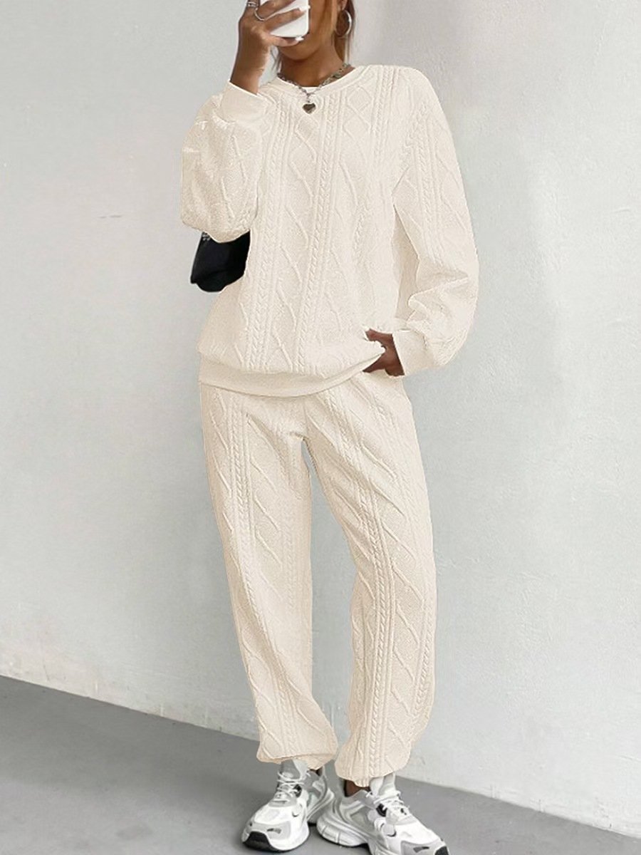 Women's Autumn And Winter Fashion Ribbed Jacquard Trousers Casual Two-Piece Sweatshirt Trousers