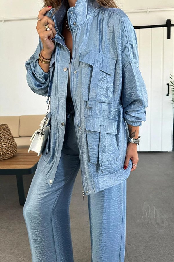 Women's Solid Color Fashion Two-Piece Suit With Three-Dimensional Pockets Fashion Loose Long-Sleeved Suit