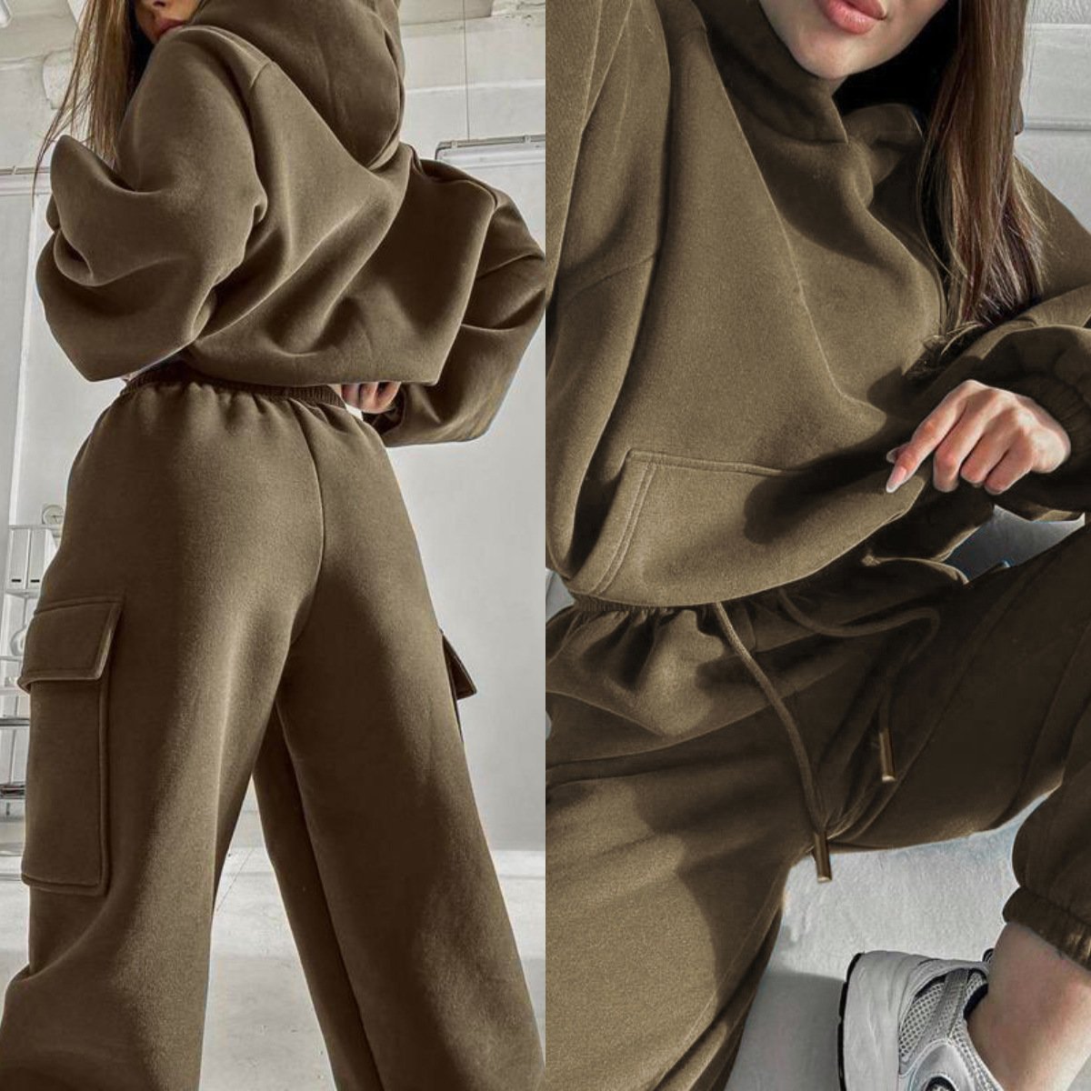 Women's Solid Color Sports Casual Sweatshirt Suit Fashionable Loose Long Sleeve Style