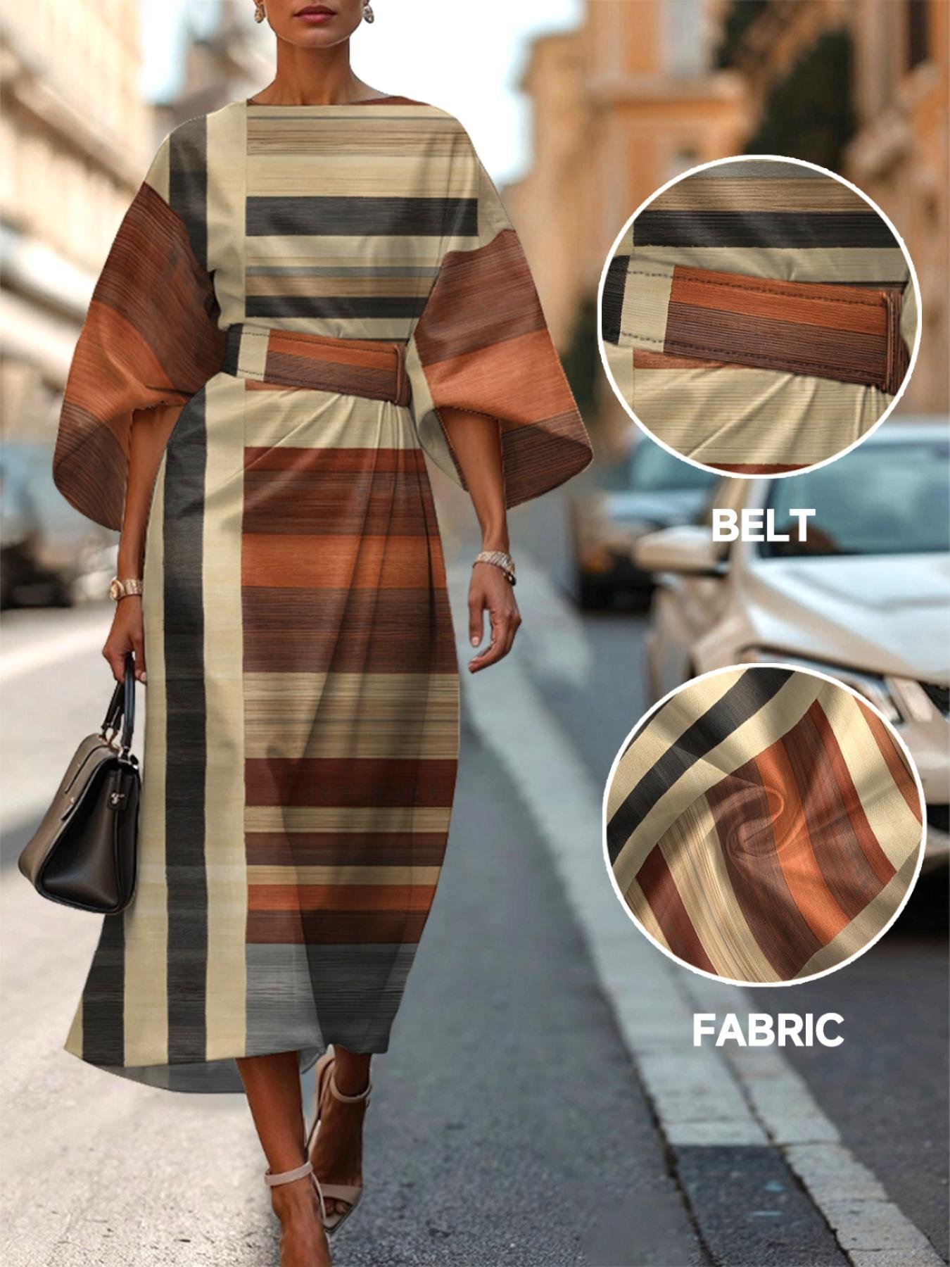 Dolman Sleeve Crew Neck Gradient Pattern Vintage Dress With Belt