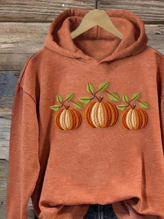 Women's Halloween Pumpkin Print Casual Hooded Long-Sleeved Sweatshirt