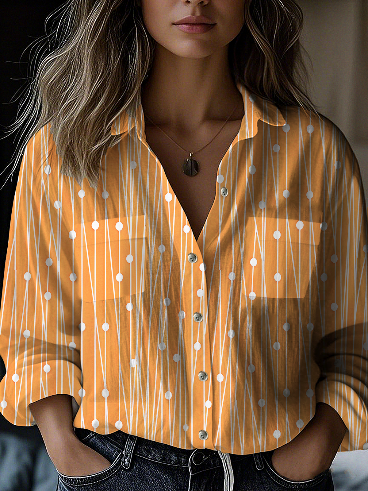 Women's Everyday Line Pattern Loose Shirt Fashionable Regular Fit Top