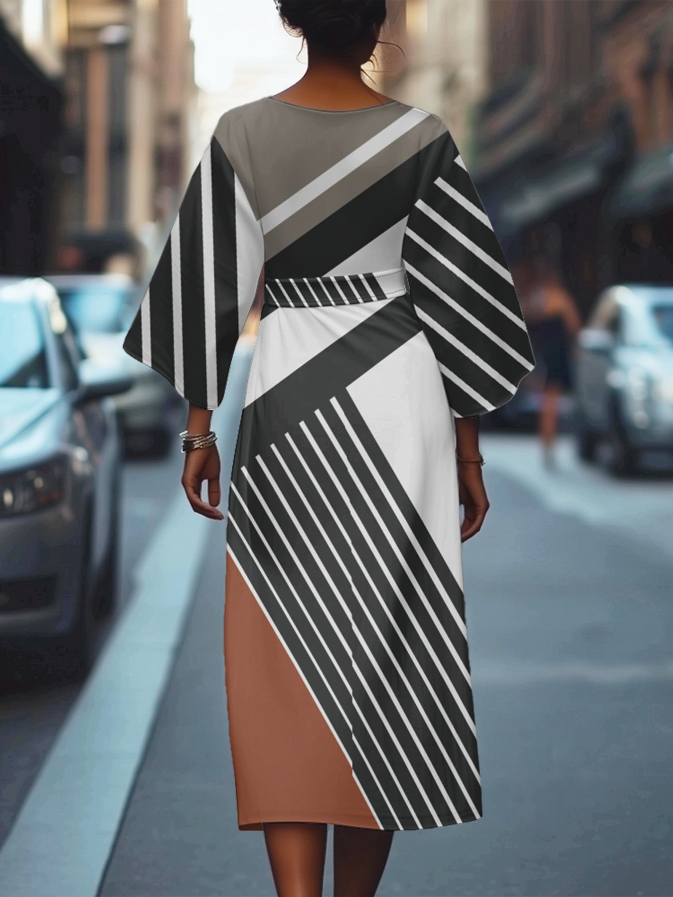 Regular Fit Casual Geometric Crew Neck Dolman Sleeve Dress With Belt