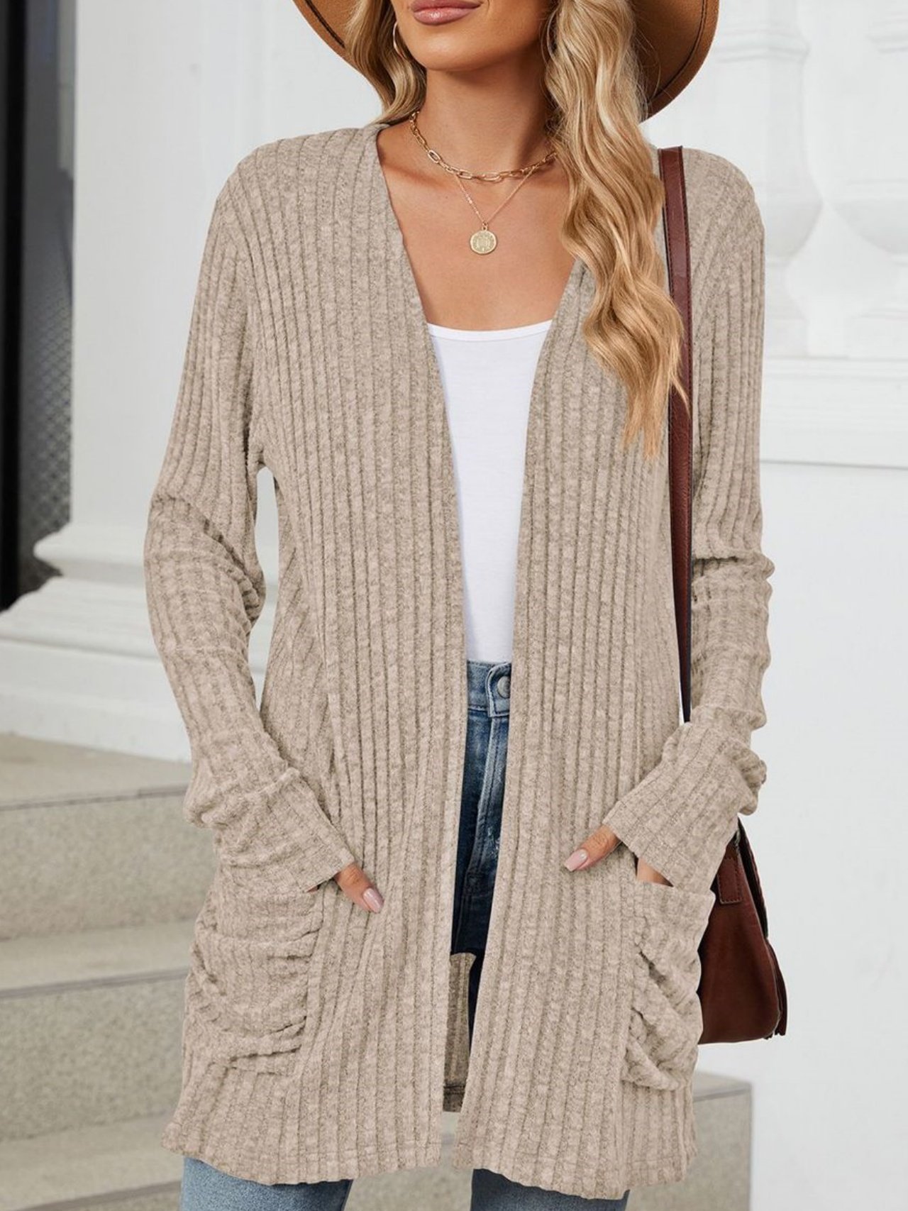 Cotton-Blend Loose Simple New Autumn And Winter Solid Color Casual Pocket Long-sleeved Warm Knitted Cardigan