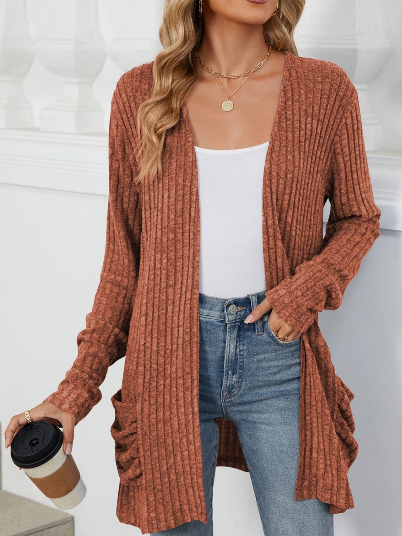 Cotton-Blend Loose Simple New Autumn And Winter Solid Color Casual Pocket Long-sleeved Warm Knitted Cardigan