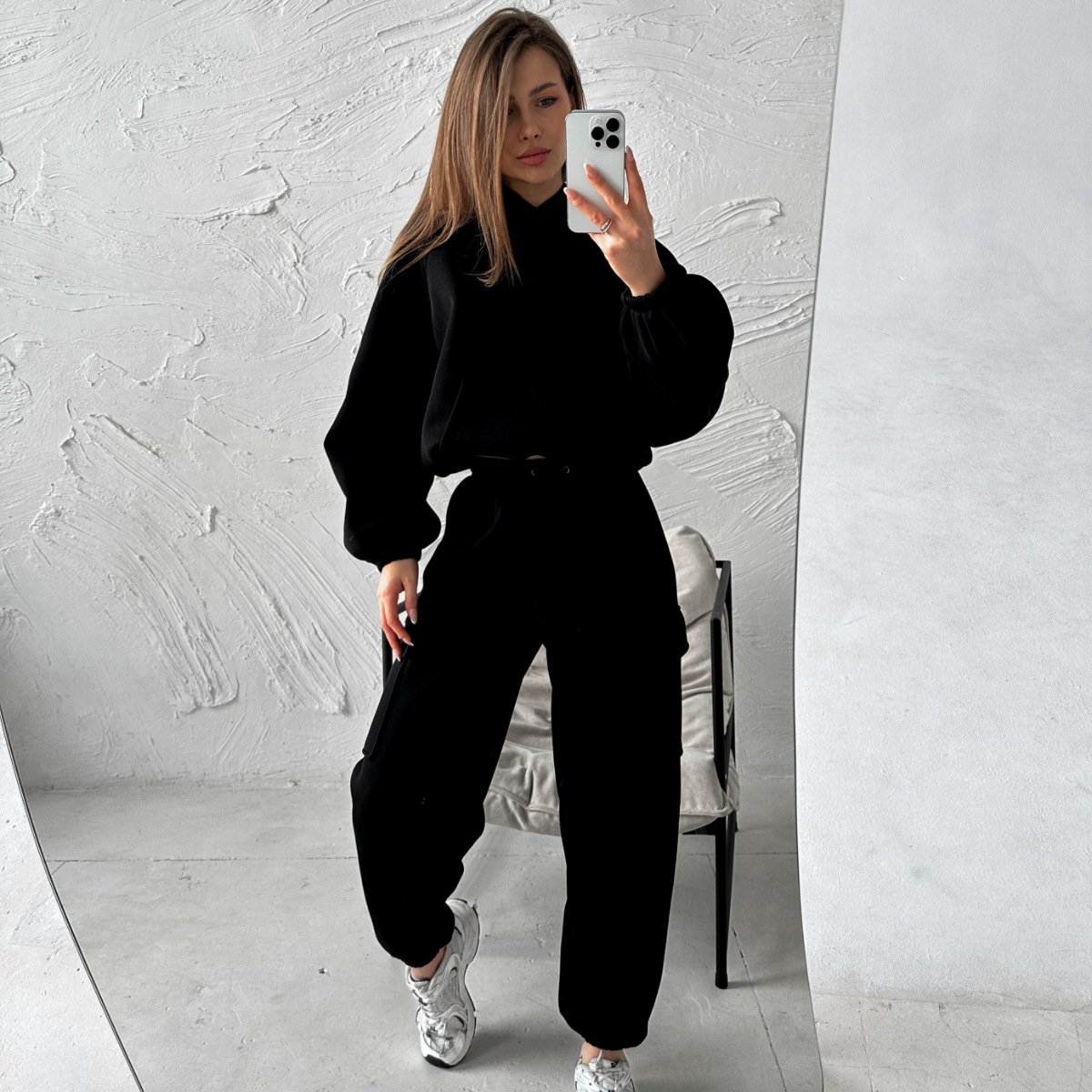 Women's Solid Color Sports Casual Sweatshirt Suit Fashionable Loose Long Sleeve Style
