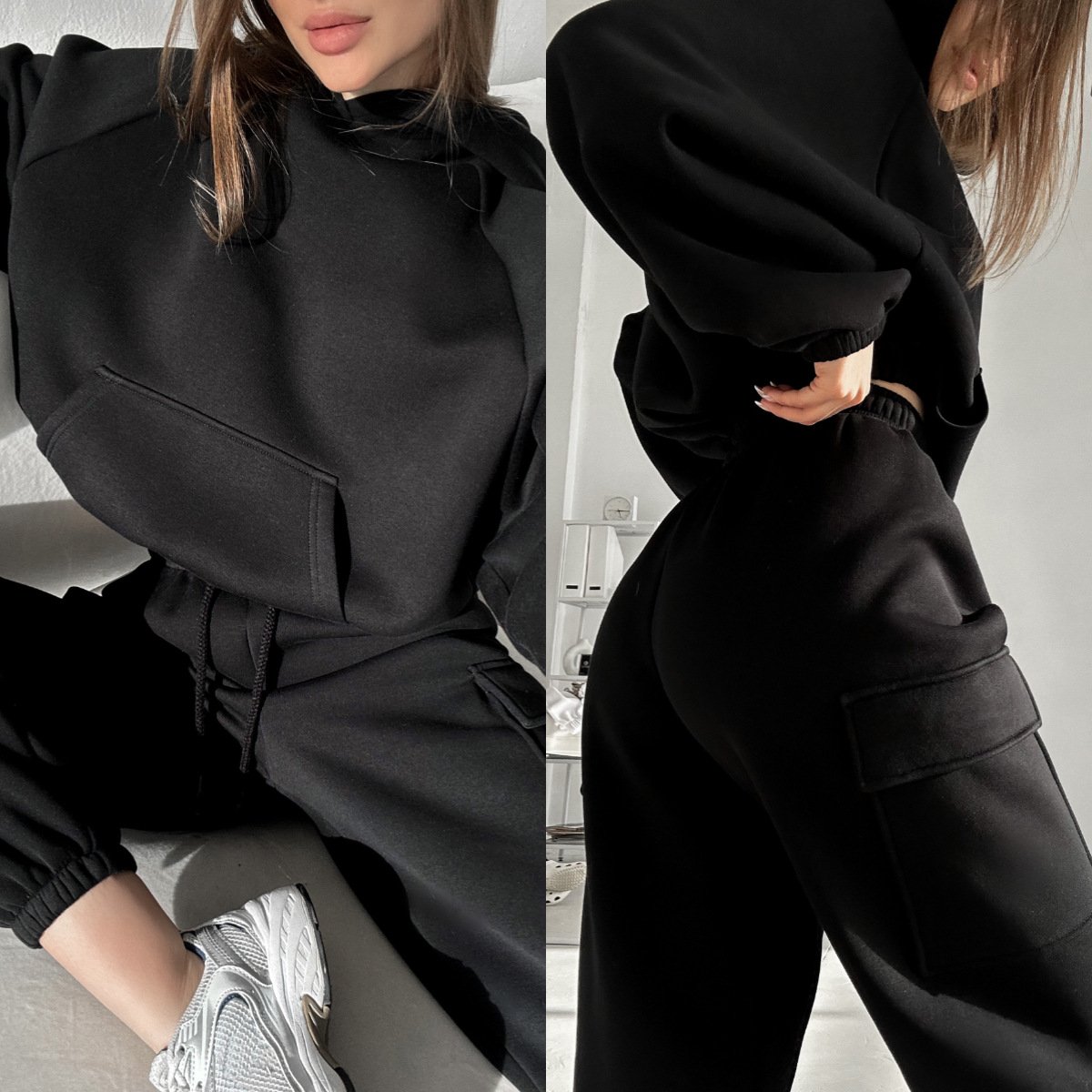 Women's Solid Color Sports Casual Sweatshirt Suit Fashionable Loose Long Sleeve Style