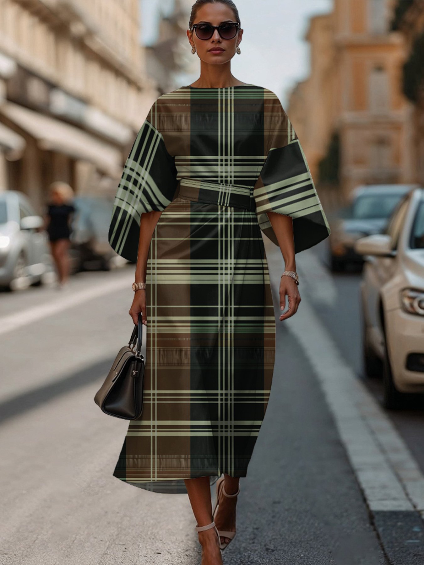 Crew Neck Dolman Sleeve Street Dress With Belt