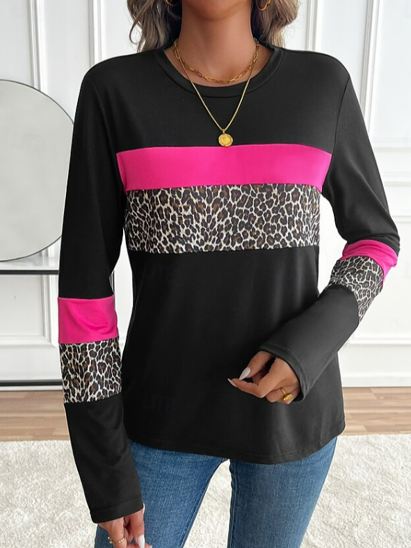 Women's Long Sleeve T-shirt Spring/Fall Black Leopard Printing Jersey Crew Neck Daily Going Out Casual Top