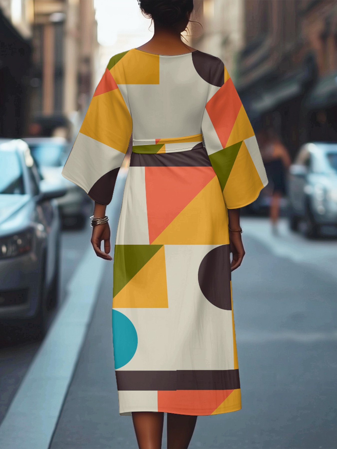 Dolman Sleeve Regular Fit Street Crew Neck Geometric Dress With Belt