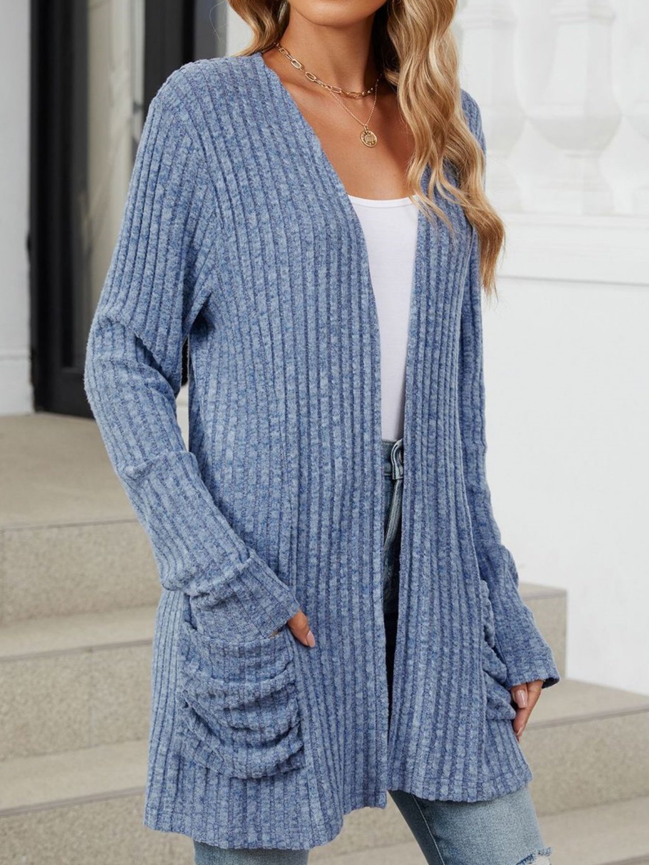Cotton-Blend Loose Simple New Autumn And Winter Solid Color Casual Pocket Long-sleeved Warm Knitted Cardigan