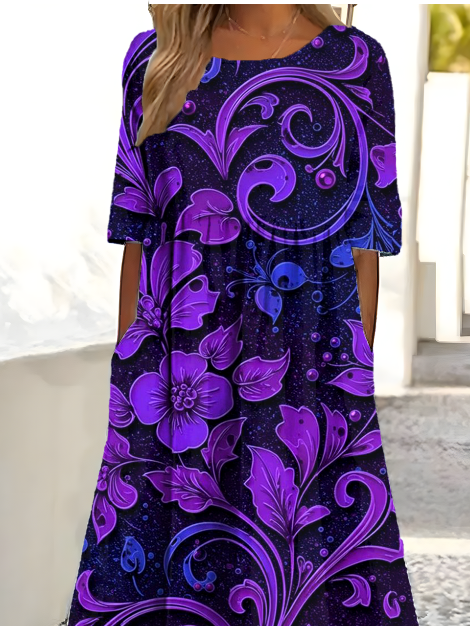 Women's Round Neck Retro Print Dress Fashionable And Elegant Loose Style