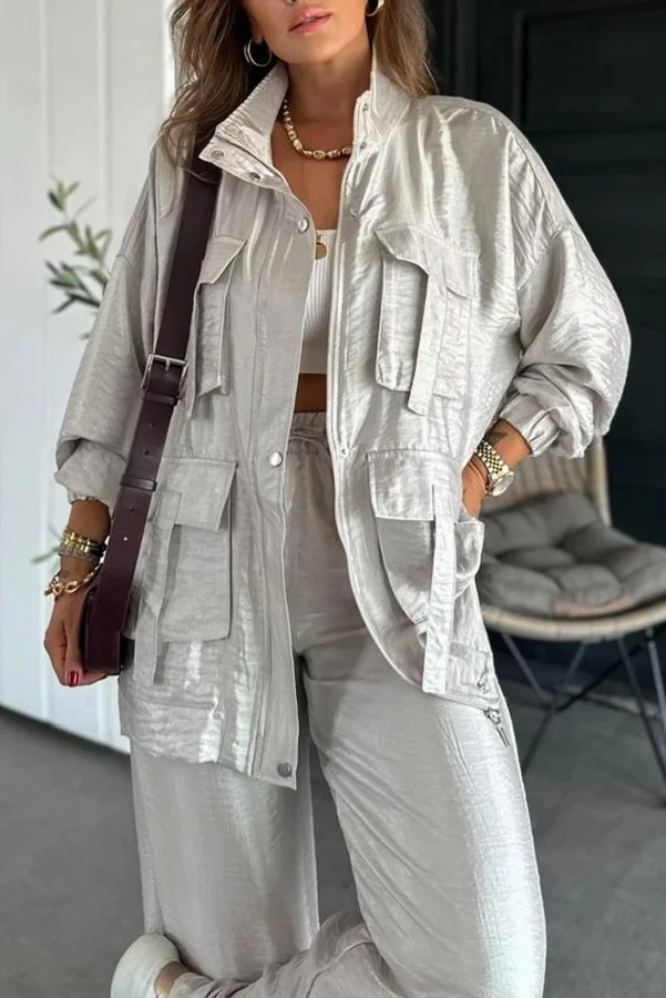 Women's Solid Color Fashion Two-Piece Suit With Three-Dimensional Pockets Fashion Loose Long-Sleeved Suit