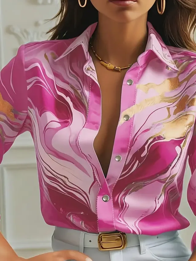 Women's Long Sleeve Shirt Spring/Fall Pink Abstract Buckle Shirt Collar Regular Sleeve Daily Going Out Casual Top