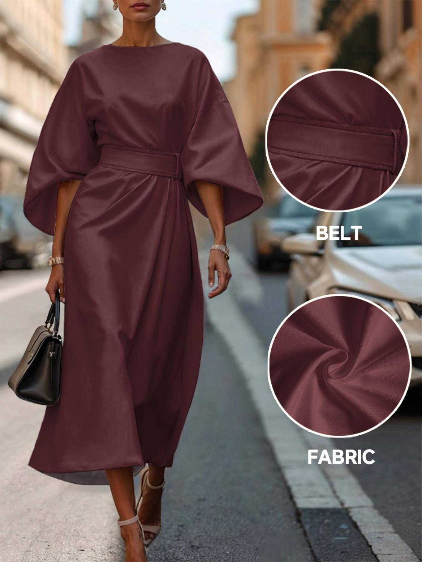 Regular Fit Dolman Sleeve Street Crew Neck Dress With Belt