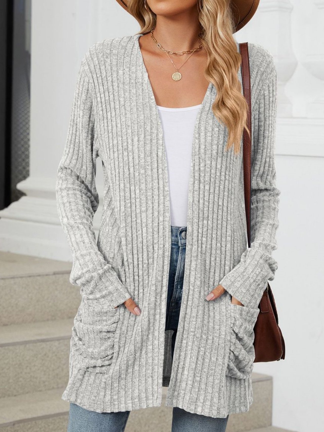 Cotton-Blend Loose Simple New Autumn And Winter Solid Color Casual Pocket Long-sleeved Warm Knitted Cardigan