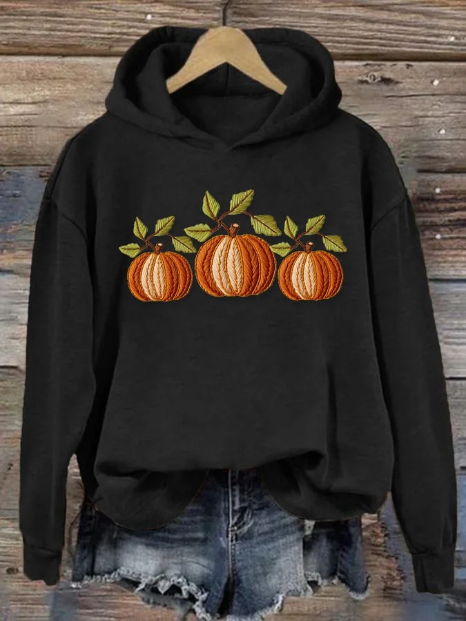 Women's Halloween Pumpkin Print Casual Hooded Long-Sleeved Sweatshirt