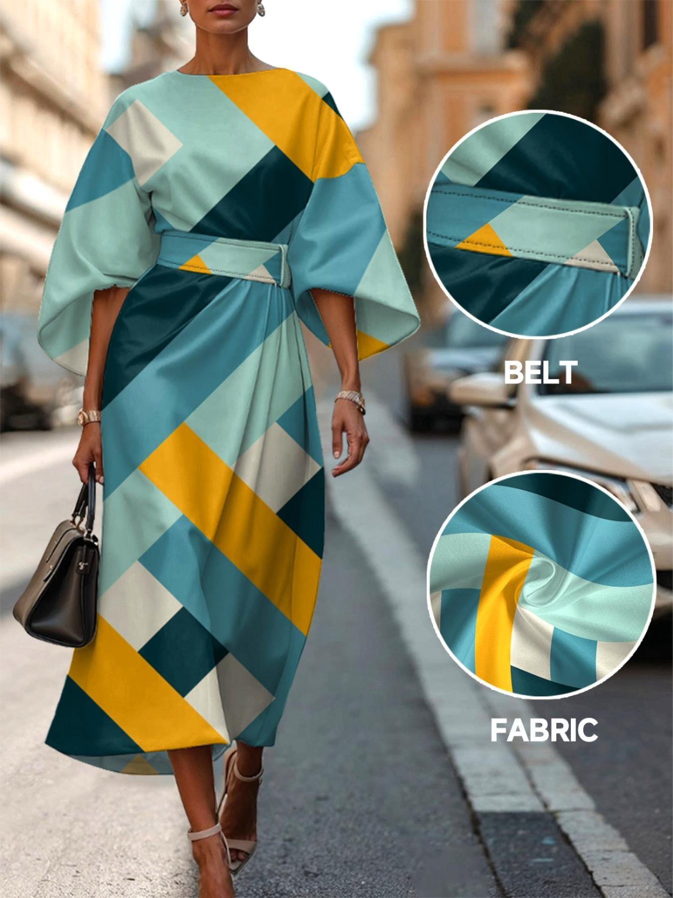 Dolman Sleeve Crew Neck Gradient Pattern Vintage Dress With Belt