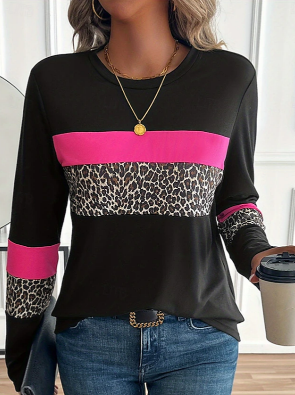 Women's Long Sleeve T-shirt Spring/Fall Black Leopard Printing Jersey Crew Neck Daily Going Out Casual Top