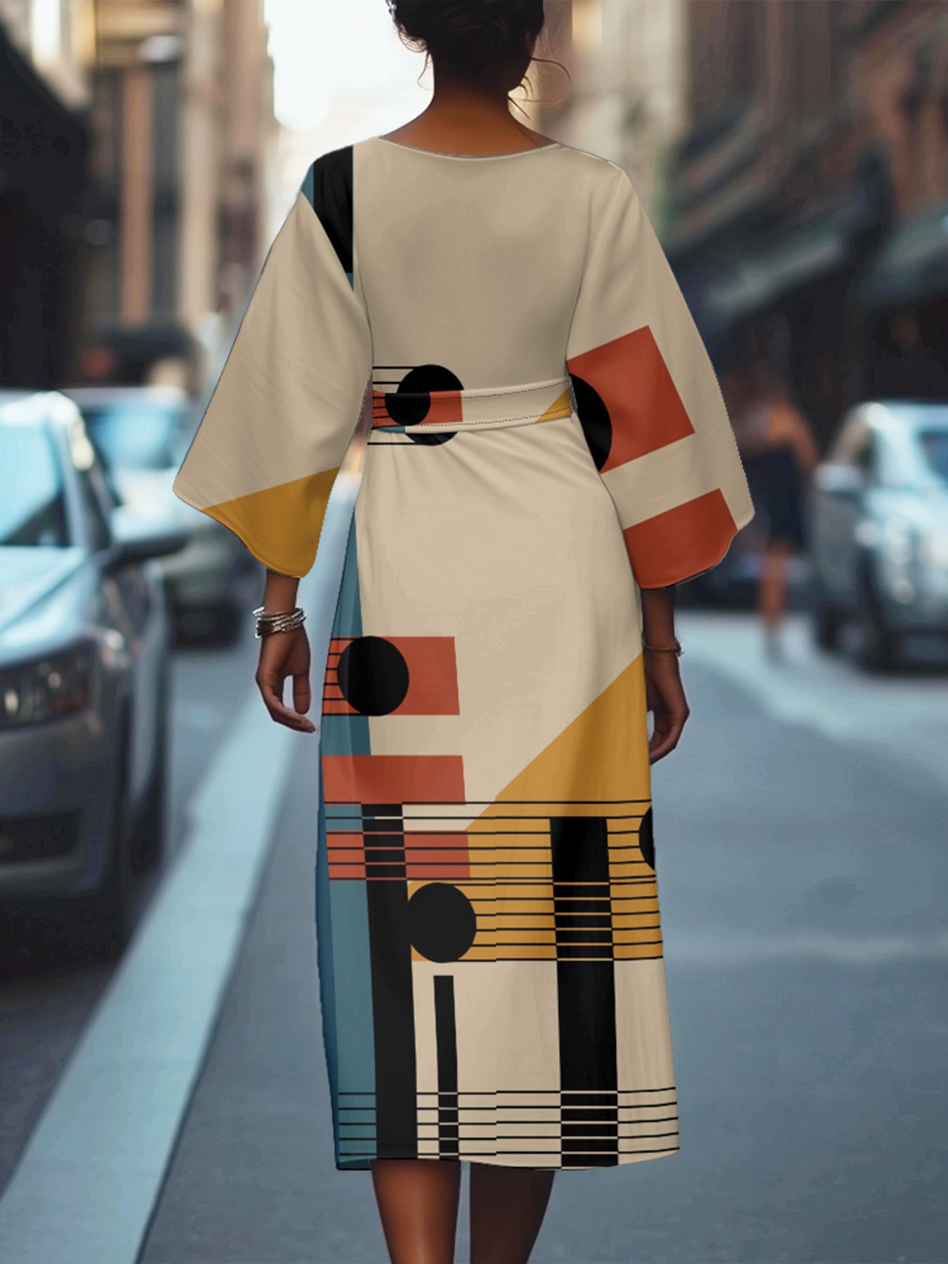 Regular Fit Casual Geometric Crew Neck Dolman Sleeve Dress With Belt