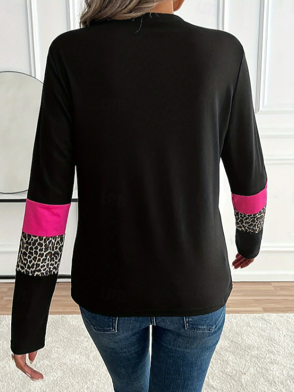Women's Long Sleeve T-shirt Spring/Fall Black Leopard Printing Jersey Crew Neck Daily Going Out Casual Top
