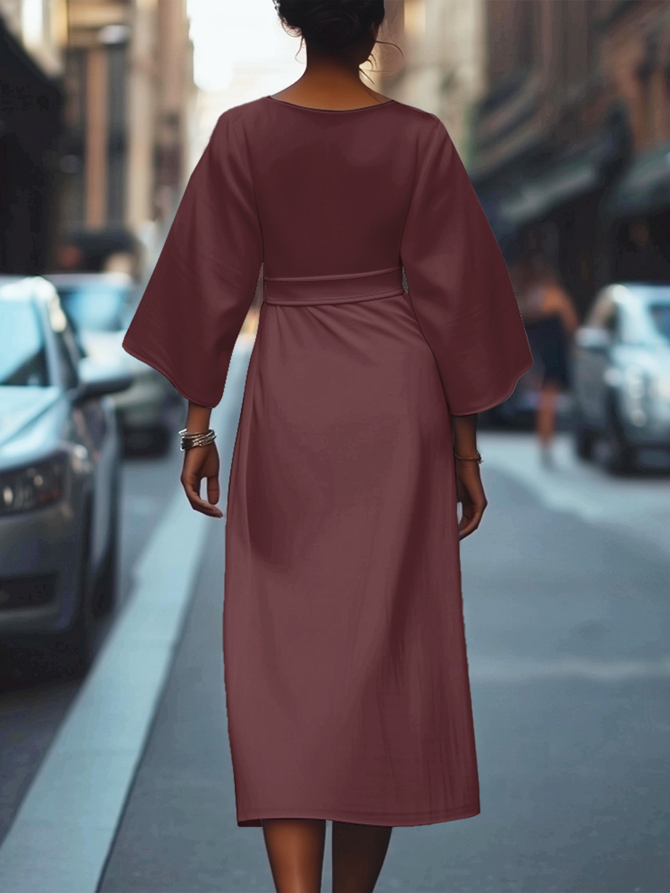 Regular Fit Dolman Sleeve Street Crew Neck Dress With Belt