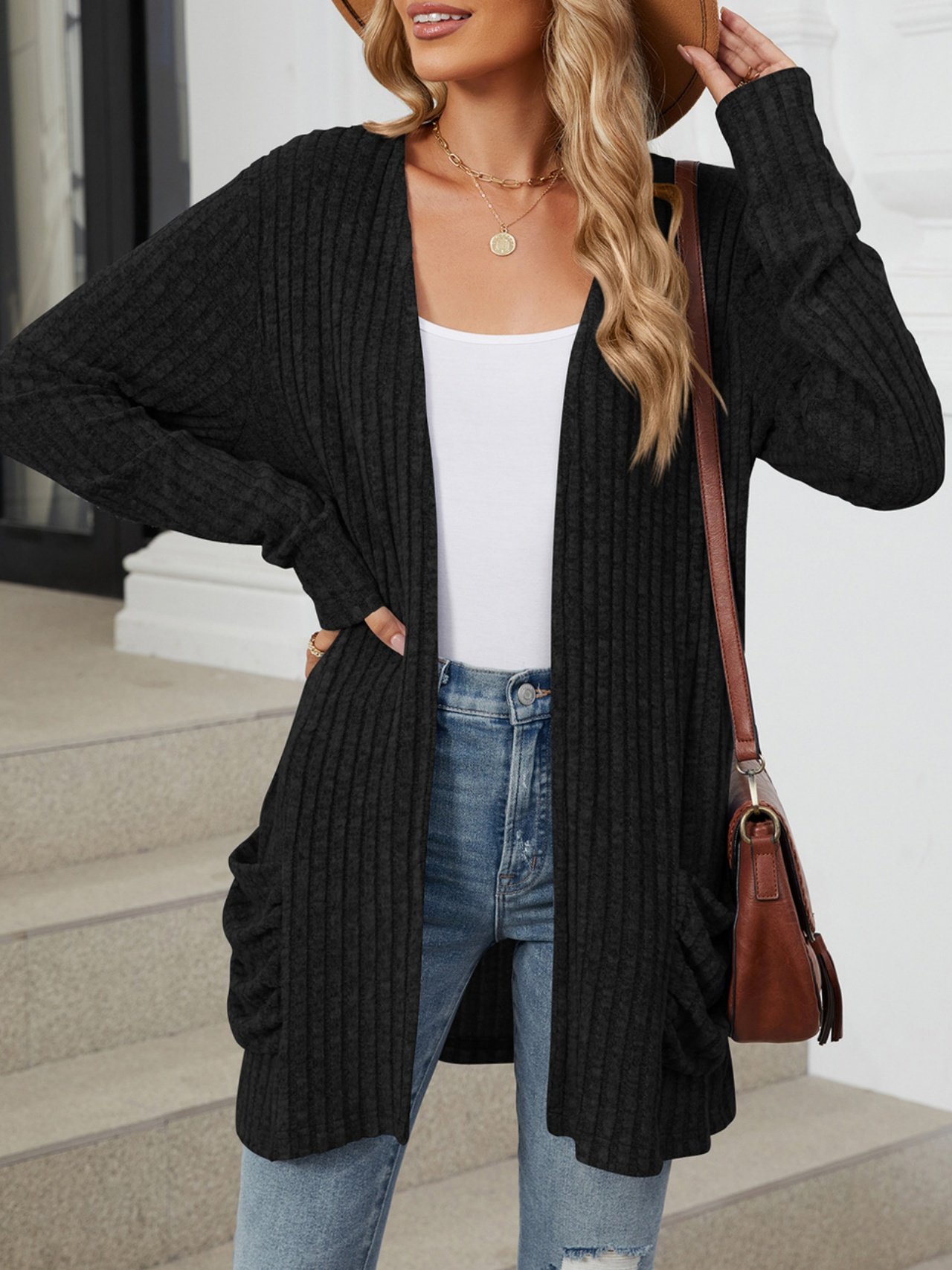 Cotton-Blend Loose Simple New Autumn And Winter Solid Color Casual Pocket Long-sleeved Warm Knitted Cardigan