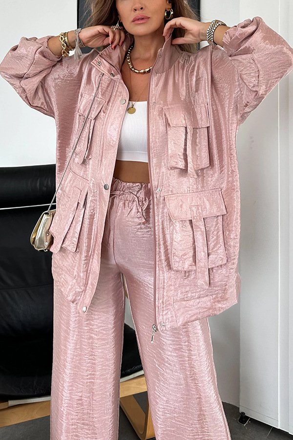 Women's Solid Color Fashion Two-Piece Suit With Three-Dimensional Pockets Fashion Loose Long-Sleeved Suit