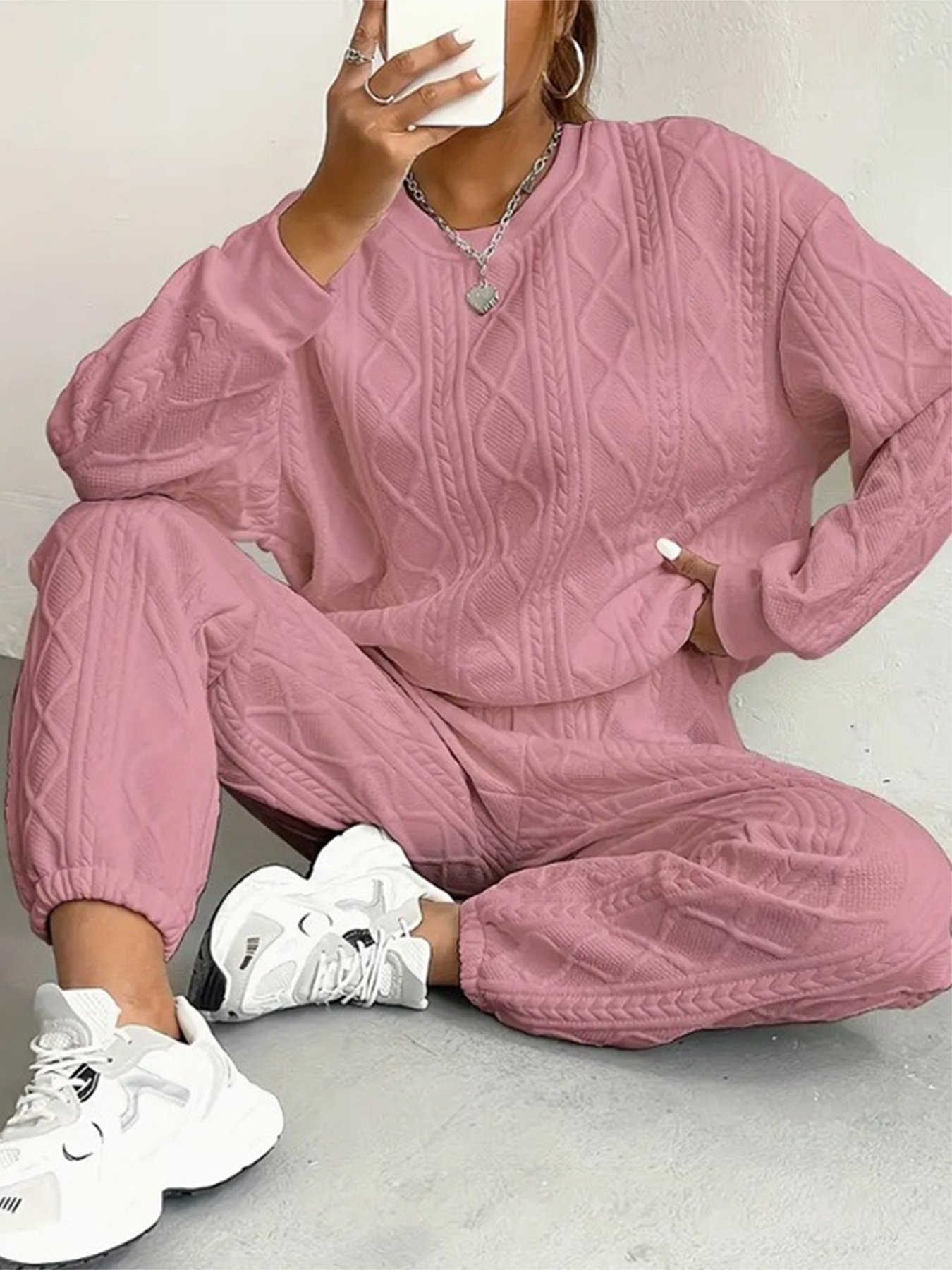 Women's Autumn And Winter Fashion Ribbed Jacquard Trousers Casual Two-Piece Sweatshirt Trousers