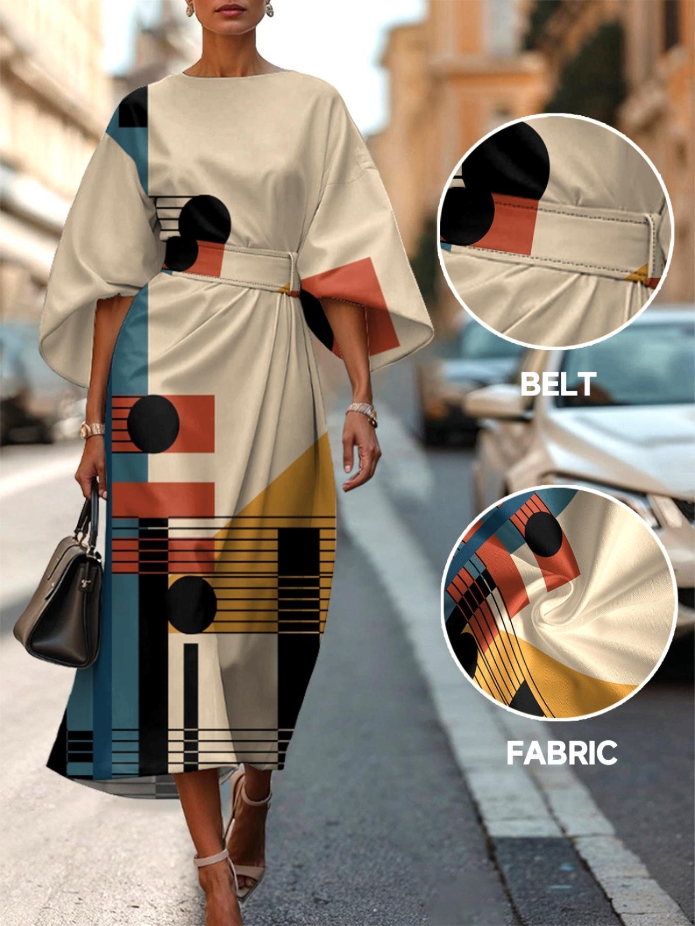 Regular Fit Casual Geometric Crew Neck Dolman Sleeve Dress With Belt