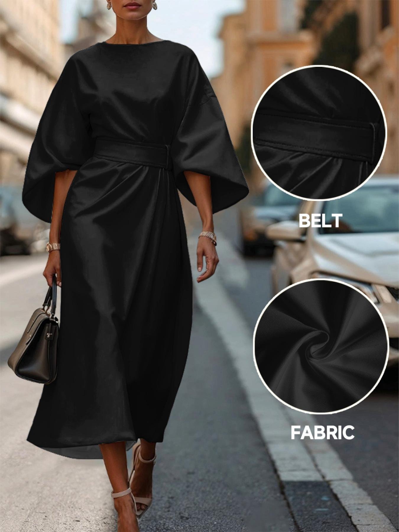 Regular Fit Dolman Sleeve Street Crew Neck Dress With Belt
