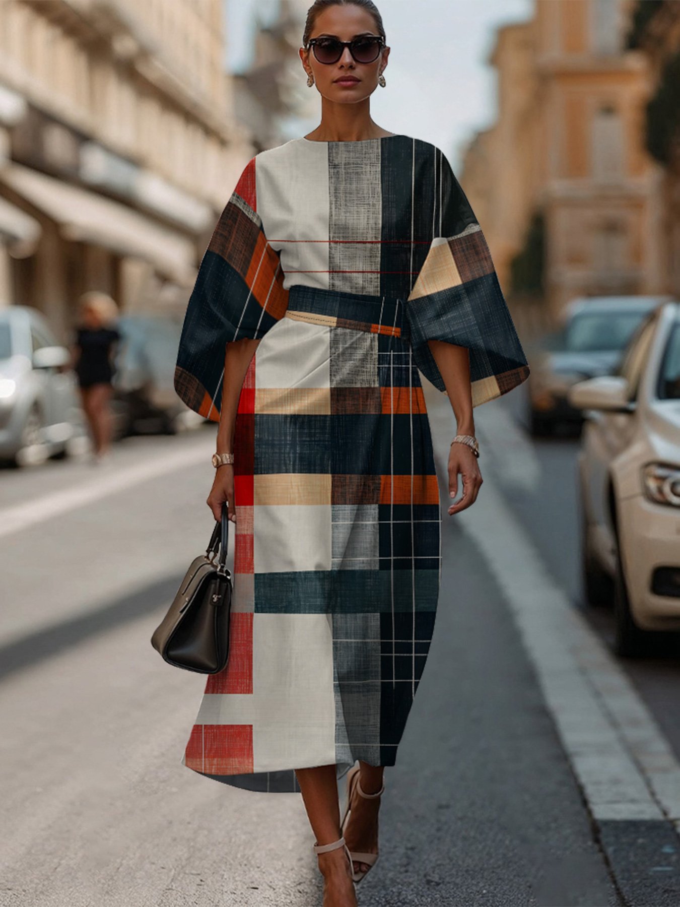 Crew Neck Dolman Sleeve Street Dress With Belt