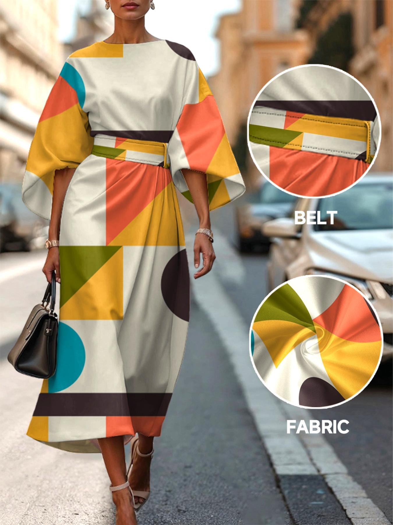 Dolman Sleeve Regular Fit Street Crew Neck Geometric Dress With Belt