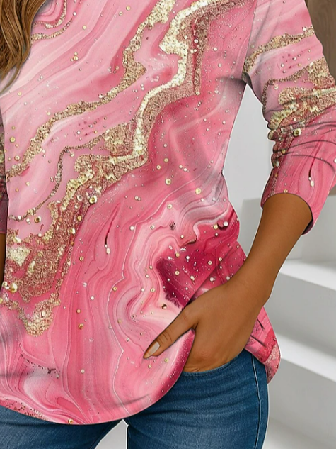 Women's Long Sleeve T-shirt Spring/Fall Pink Abstract Printing Jersey Crew Neck Daily Going Out Casual Top